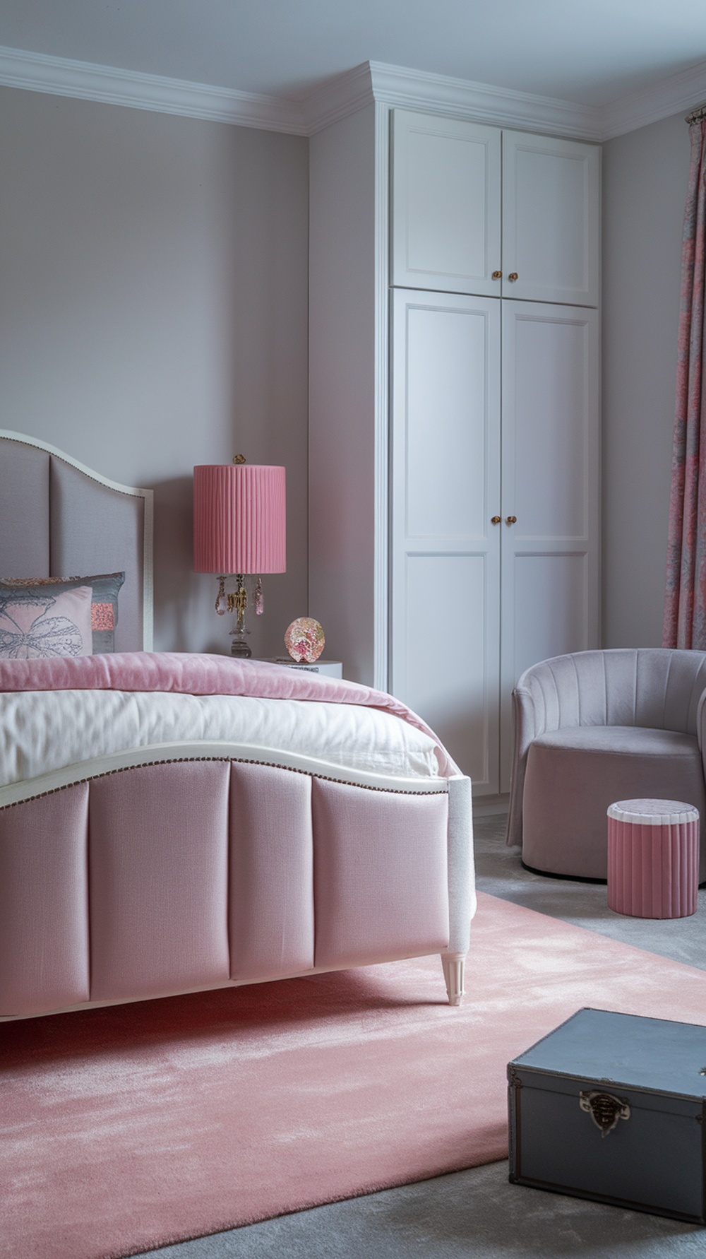 A soft pink area rug in a stylish bedroom with pink accents.