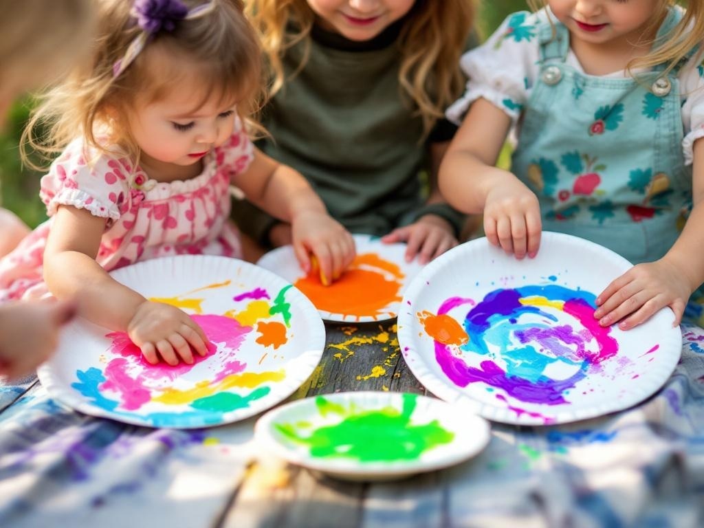 Toddlers engaged in sponge painting on paper plates with colorful paints.