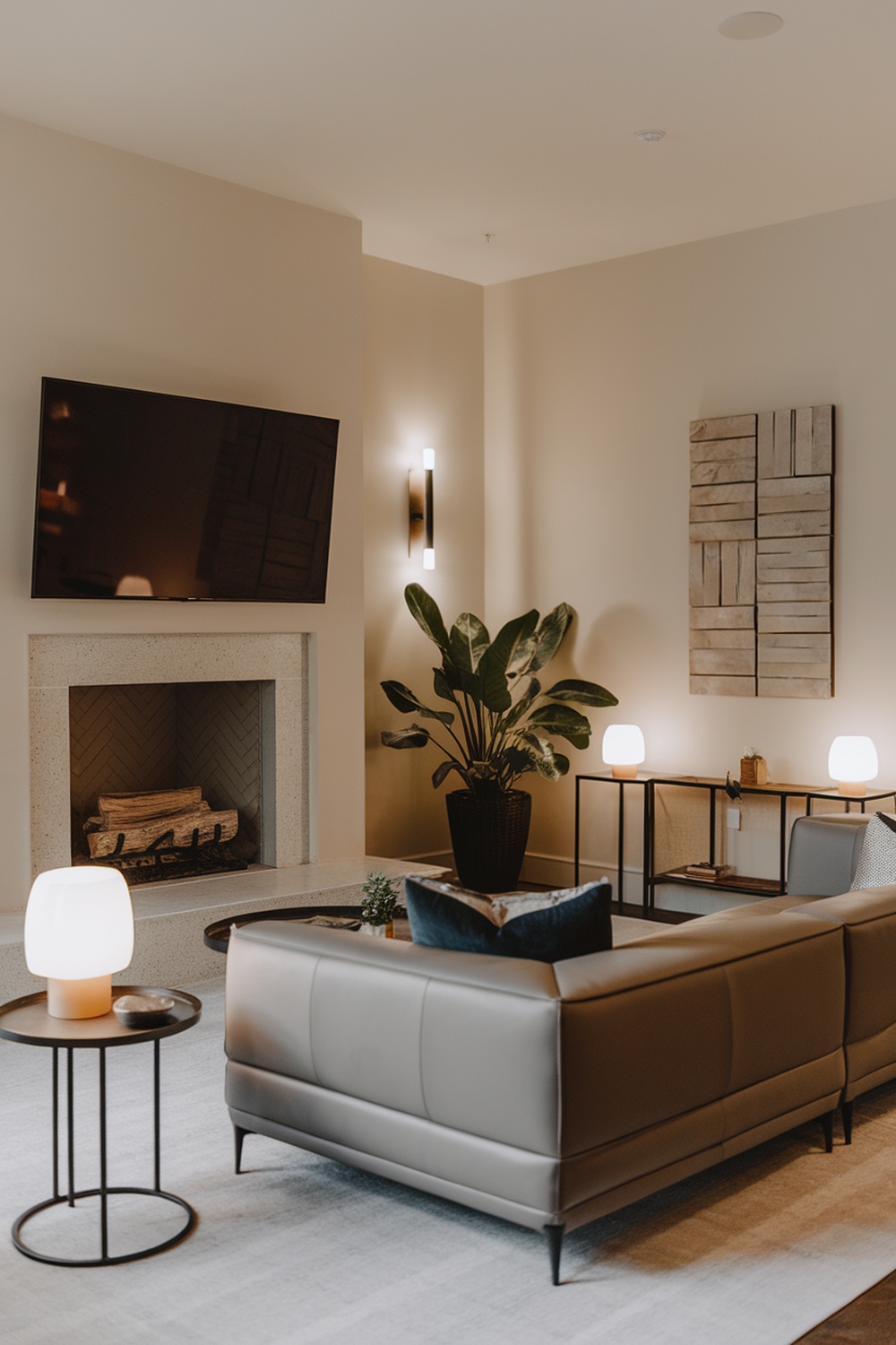 Modern living room with a TV above the fireplace, featuring stylish decor and comfortable seating.