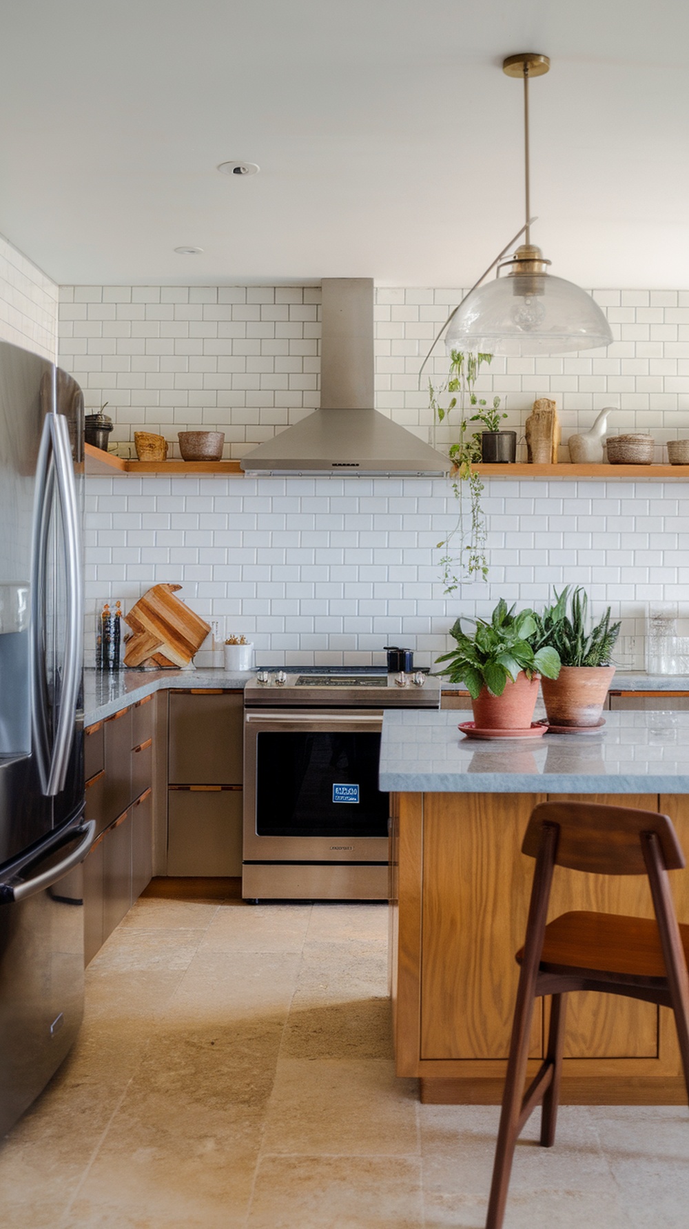 A modern kitchen featuring white subway tiles, wooden accents, and plants.