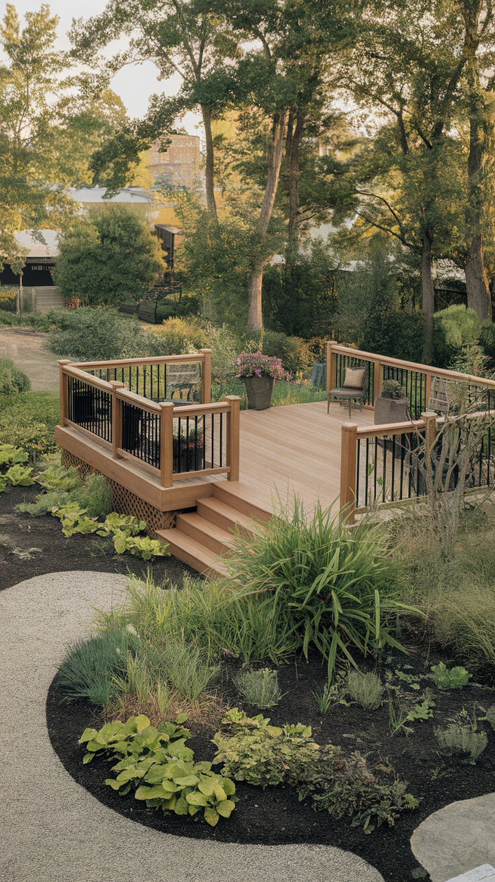 A sustainable wooden deck surrounded by lush greenery and colorful flowers.