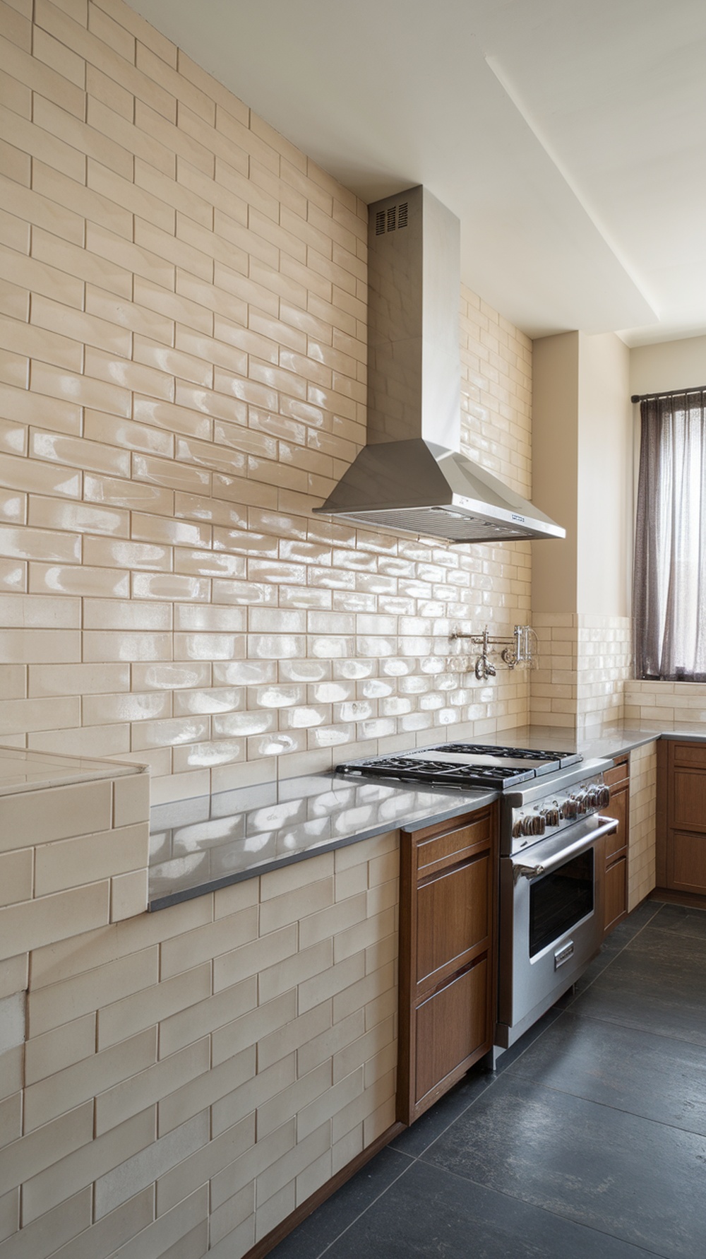 A kitchen with textured 3D tiles in beige color, showcasing a modern design with a sleek stove and wooden cabinets.