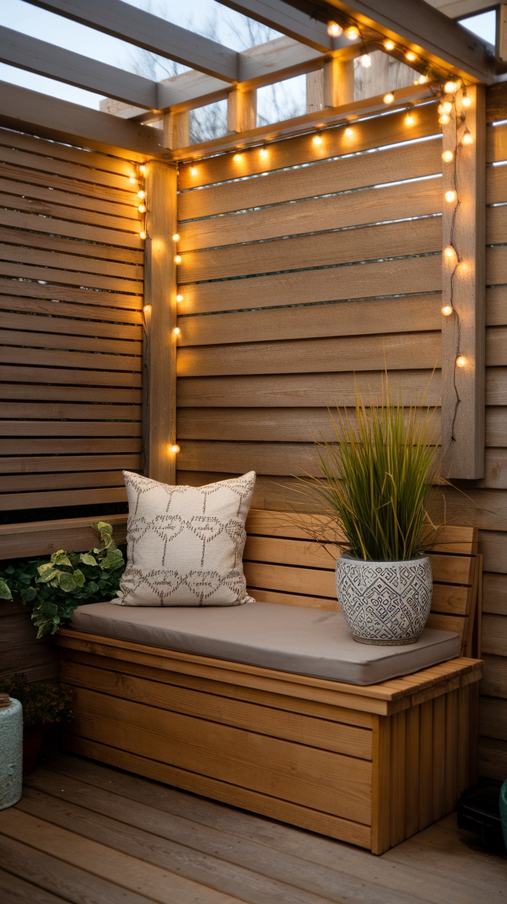 Cozy small outdoor space with wooden bench, cushion, plants, and string lights