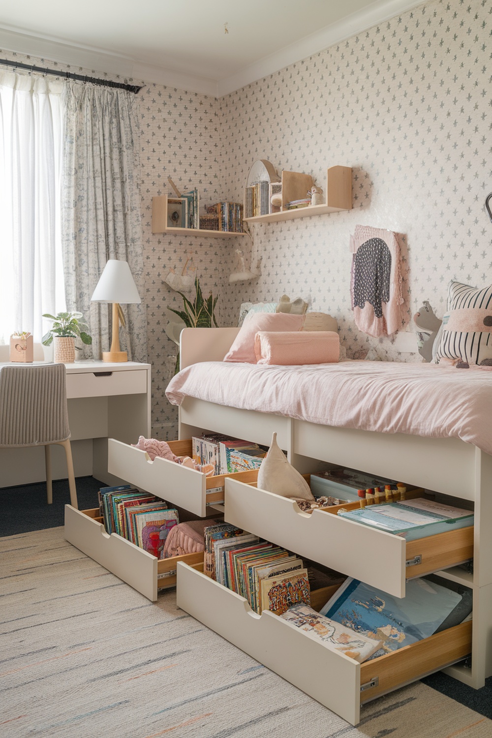 A kid's bedroom featuring a bed with under-bed storage drawers filled with books and toys.