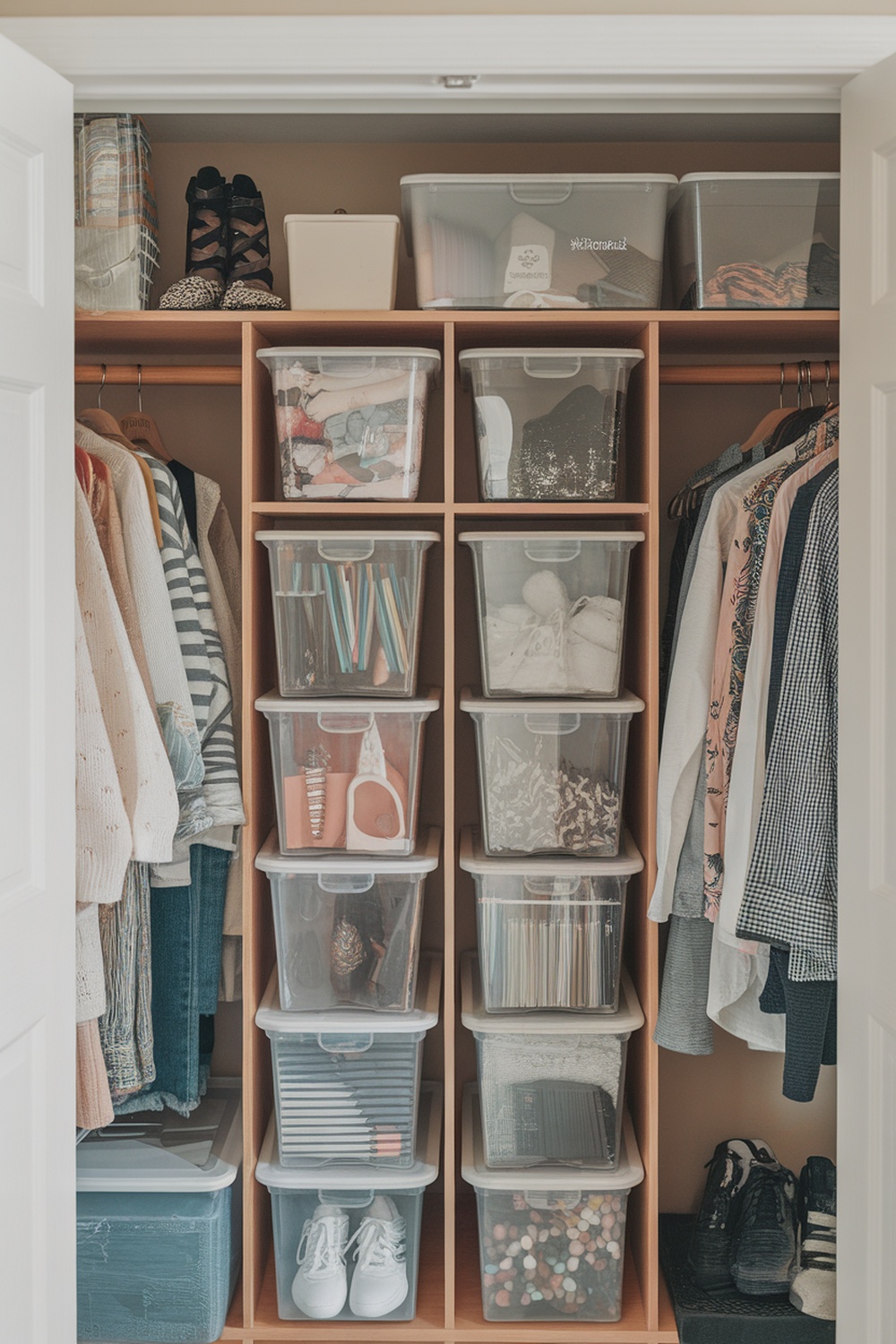 A neatly organized closet featuring clear storage containers for efficient organization.