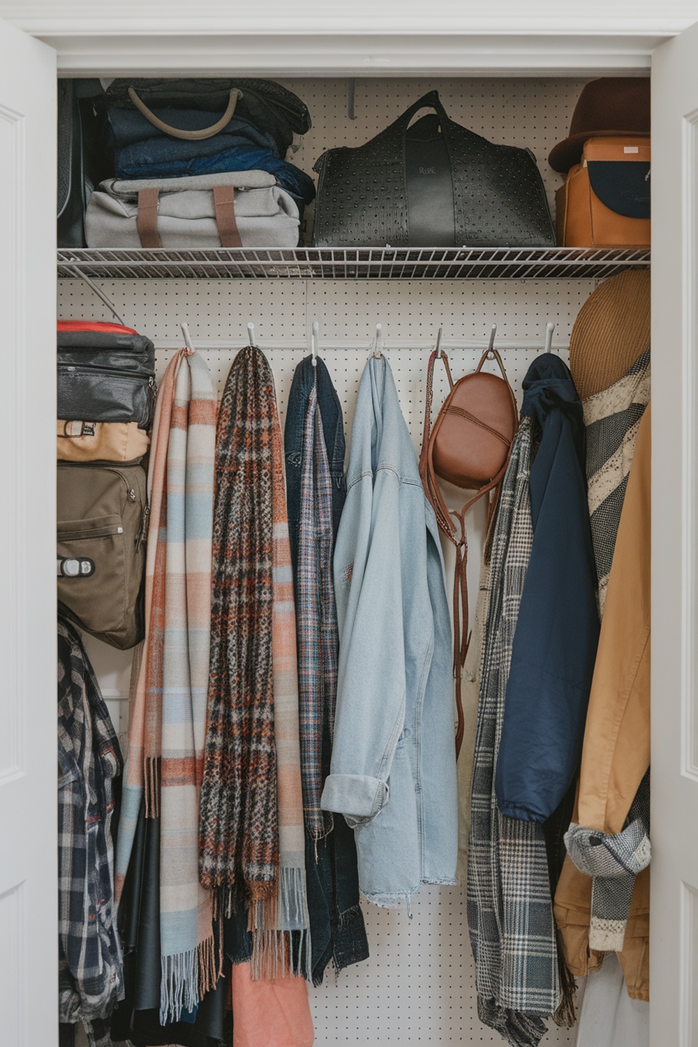 An organized open closet featuring hooks and pegboards for storage.