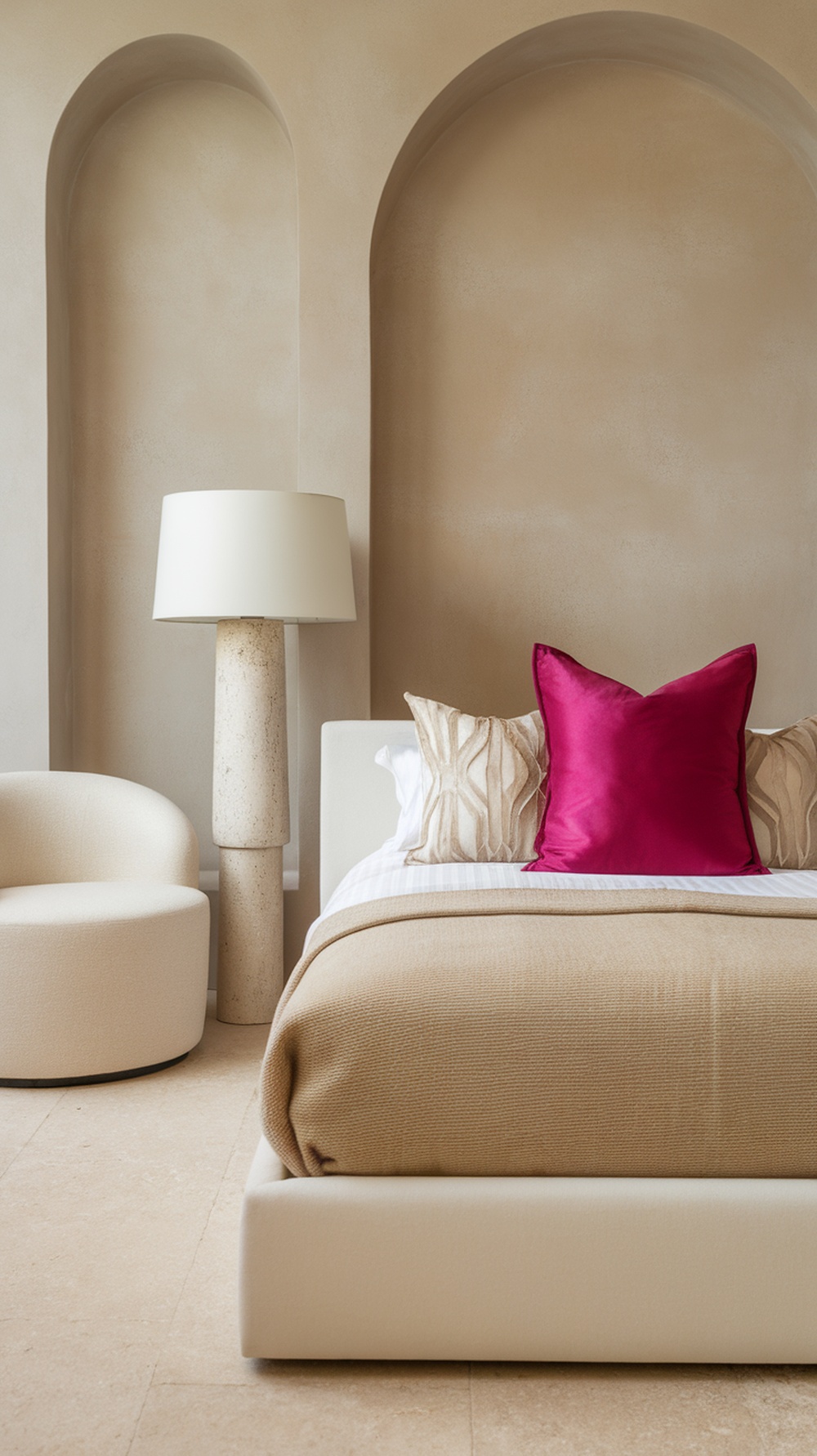 A stylish bedroom featuring a fuchsia throw pillow on a bed with beige bedding and a modern lamp.