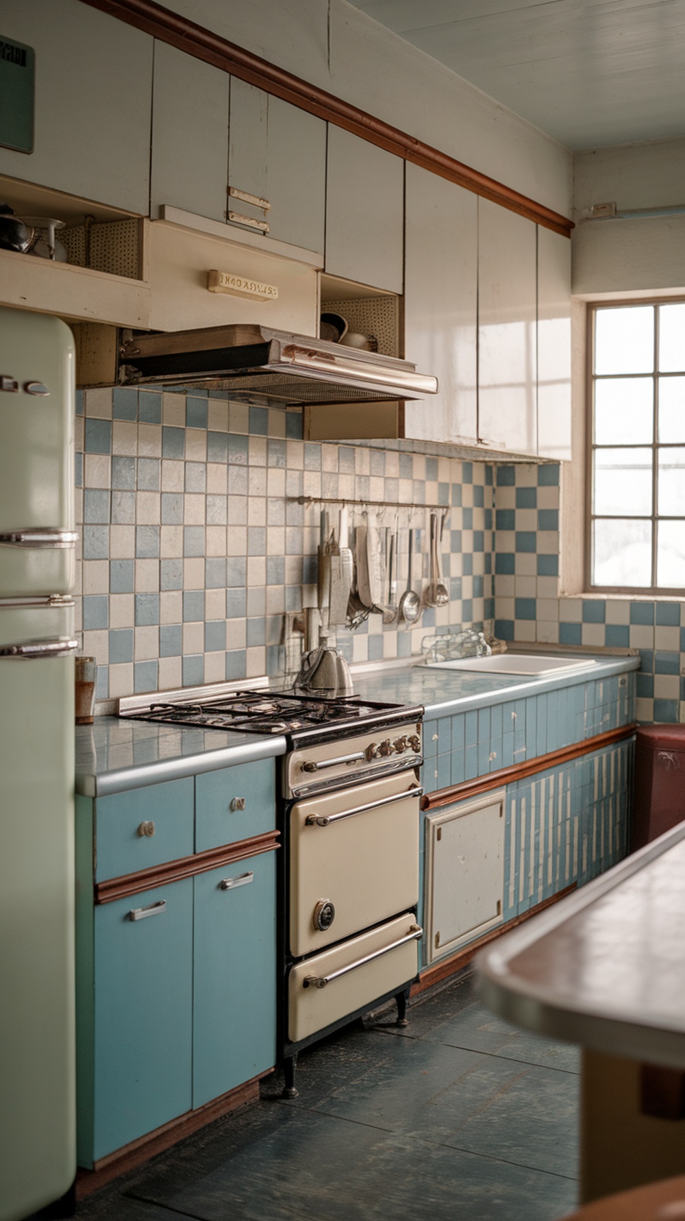 A vintage-inspired kitchen featuring a checkerboard backsplash and retro appliances.