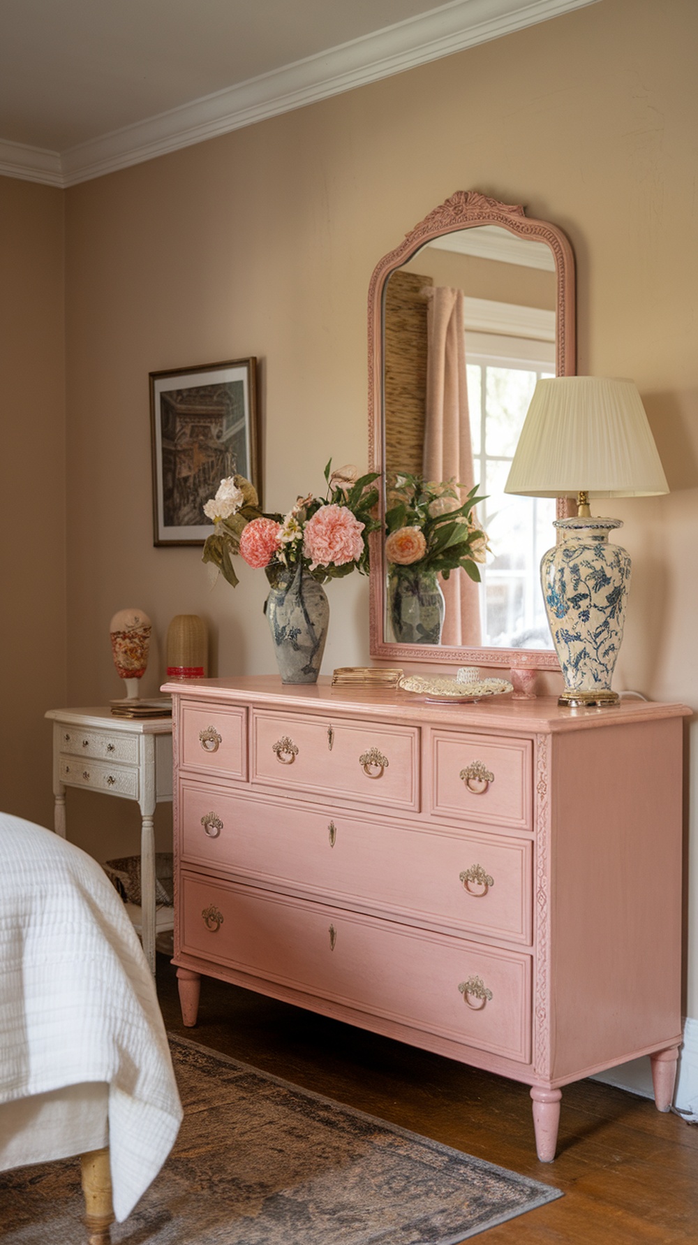 A vintage pink dresser with floral arrangement and a lamp in a cozy bedroom setting.