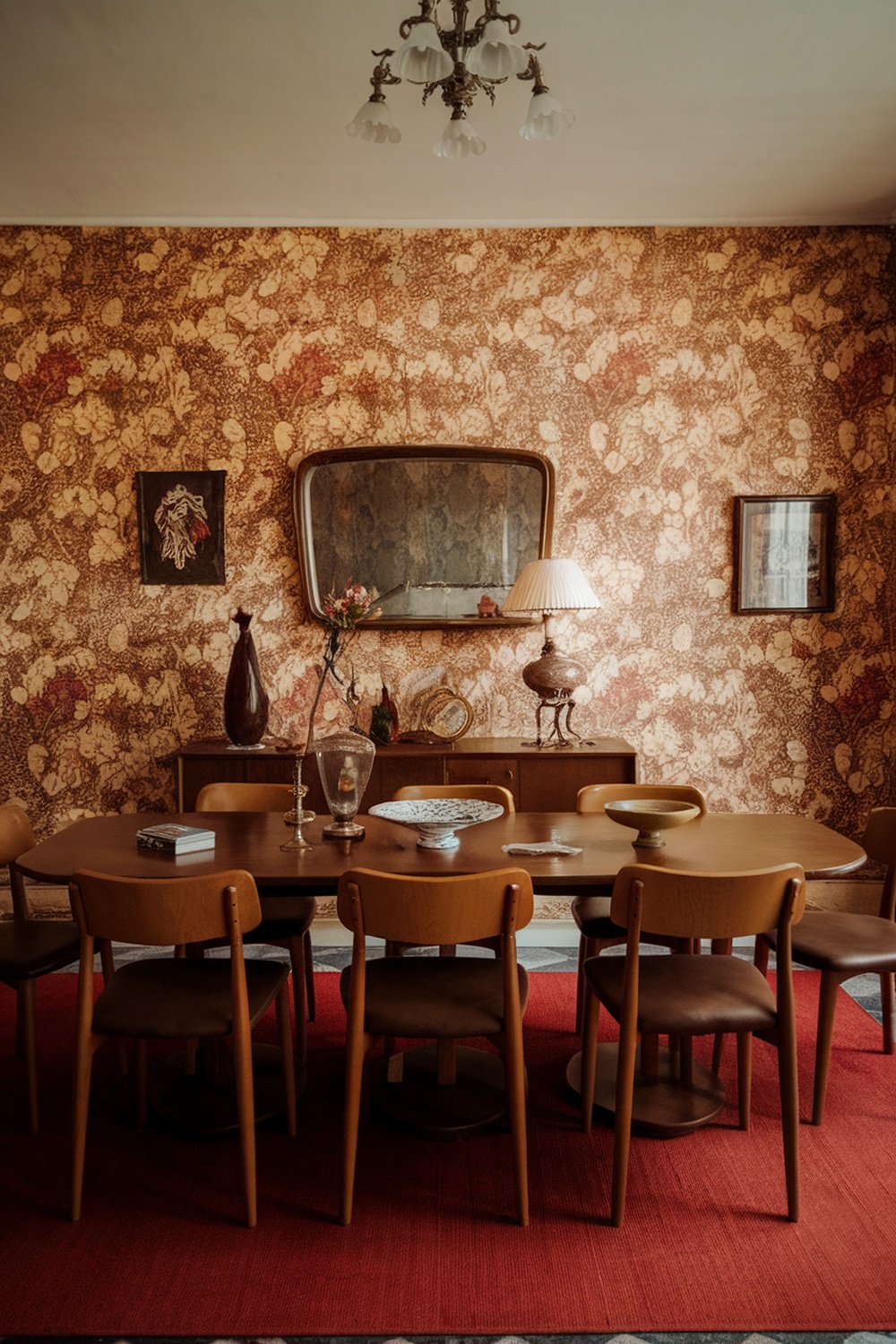 A vintage dining area featuring floral wallpaper, wooden furniture, and warm lighting.