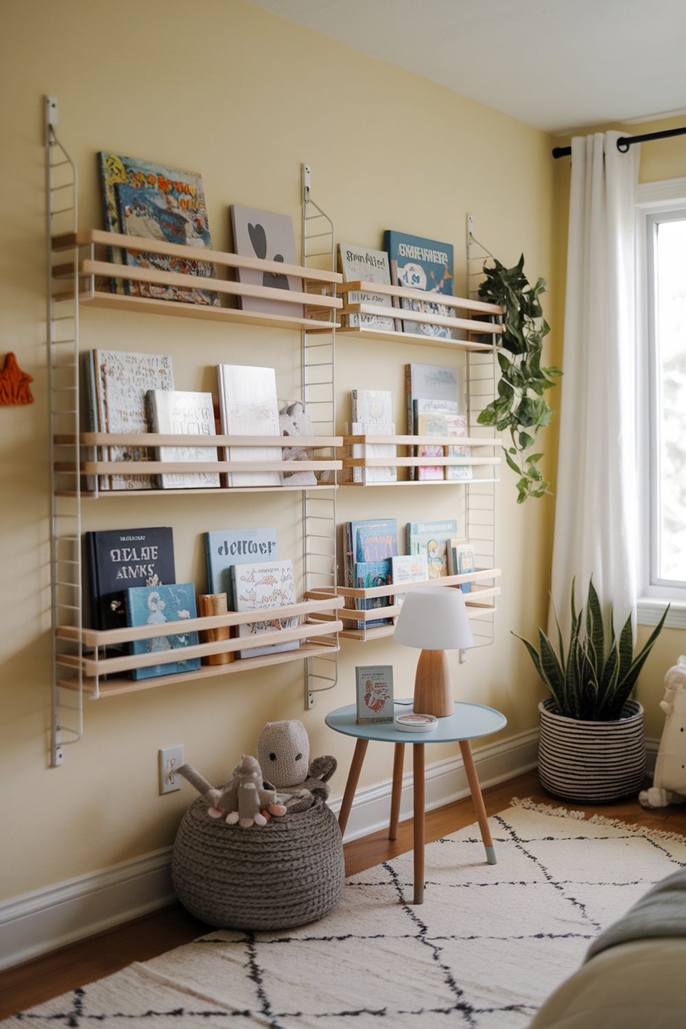 Stylish wall-mounted shelves displaying various children's books in a cozy bedroom.