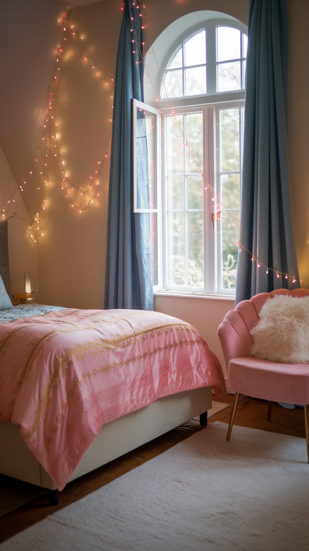 A cozy bedroom featuring pink fairy lights draped on the walls, a pink bedspread, and a plush pink chair.