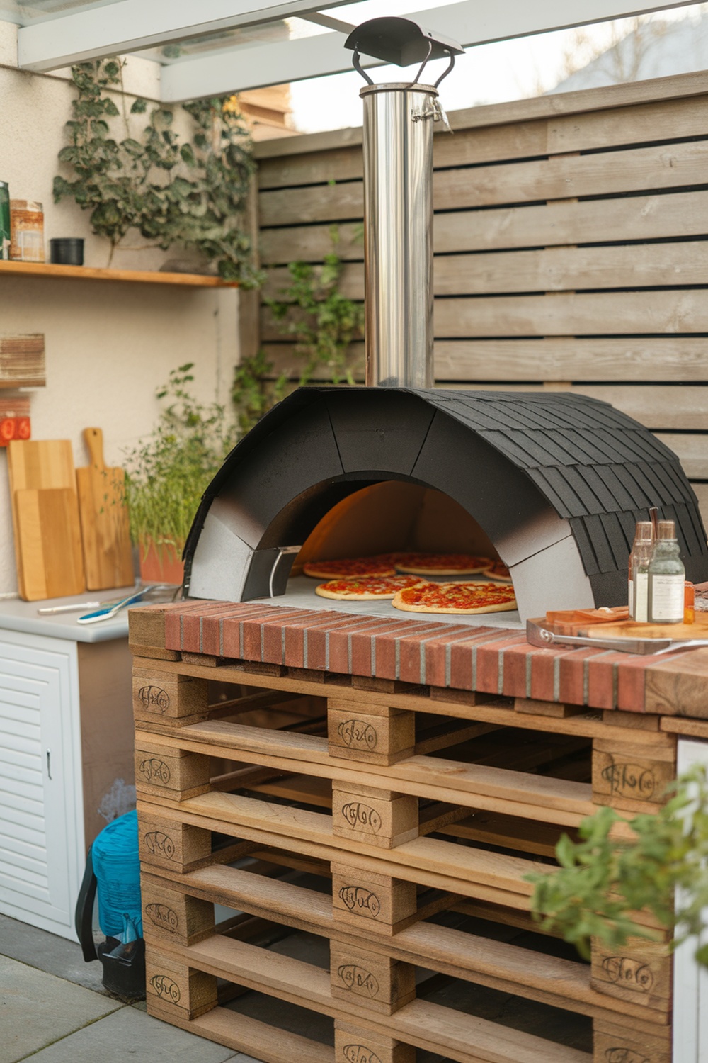 A wooden pallet pizza oven with a black dome and brick countertop, surrounded by greenery.