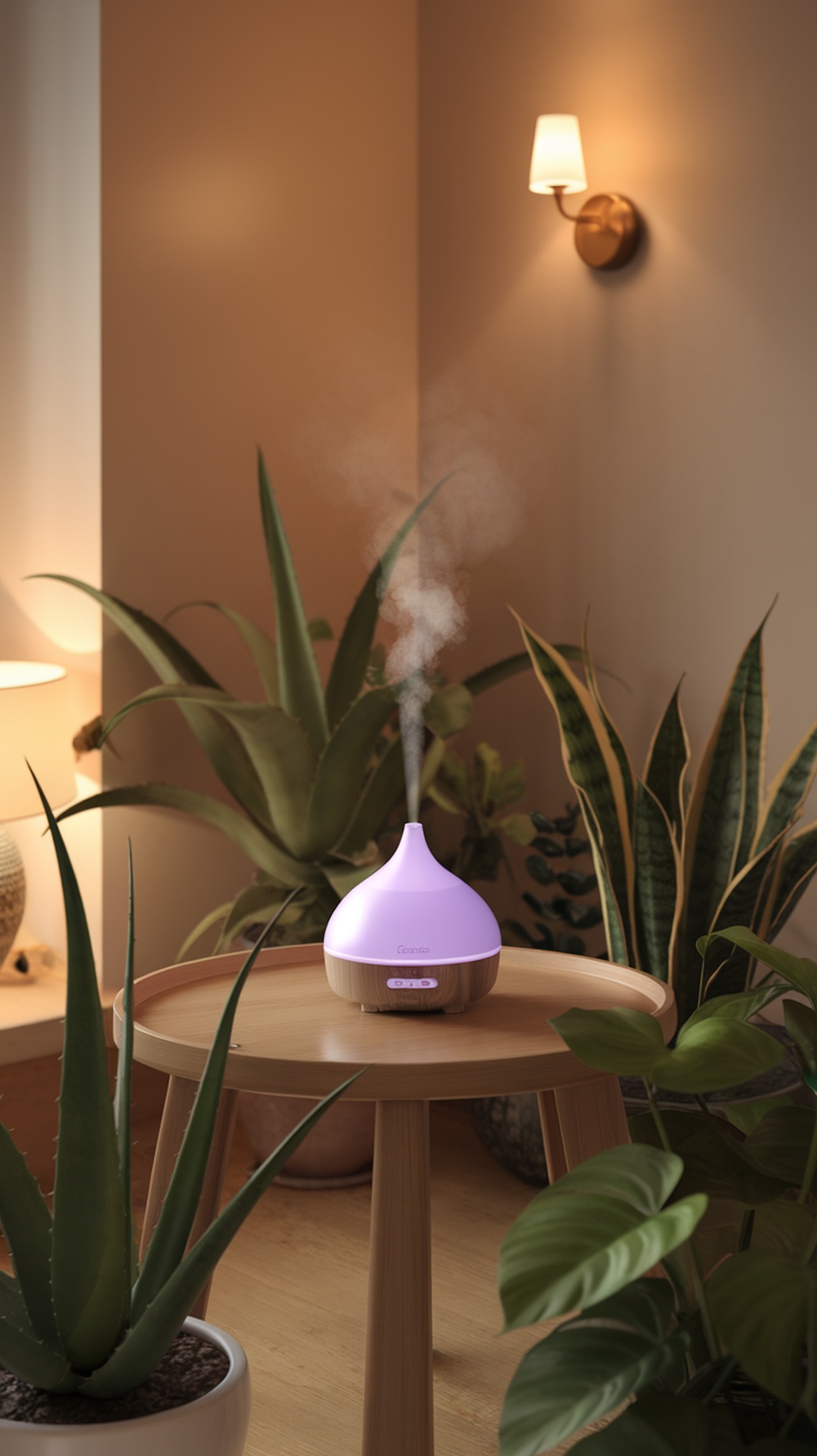 A stylish purple diffuser releasing mist surrounded by indoor plants.