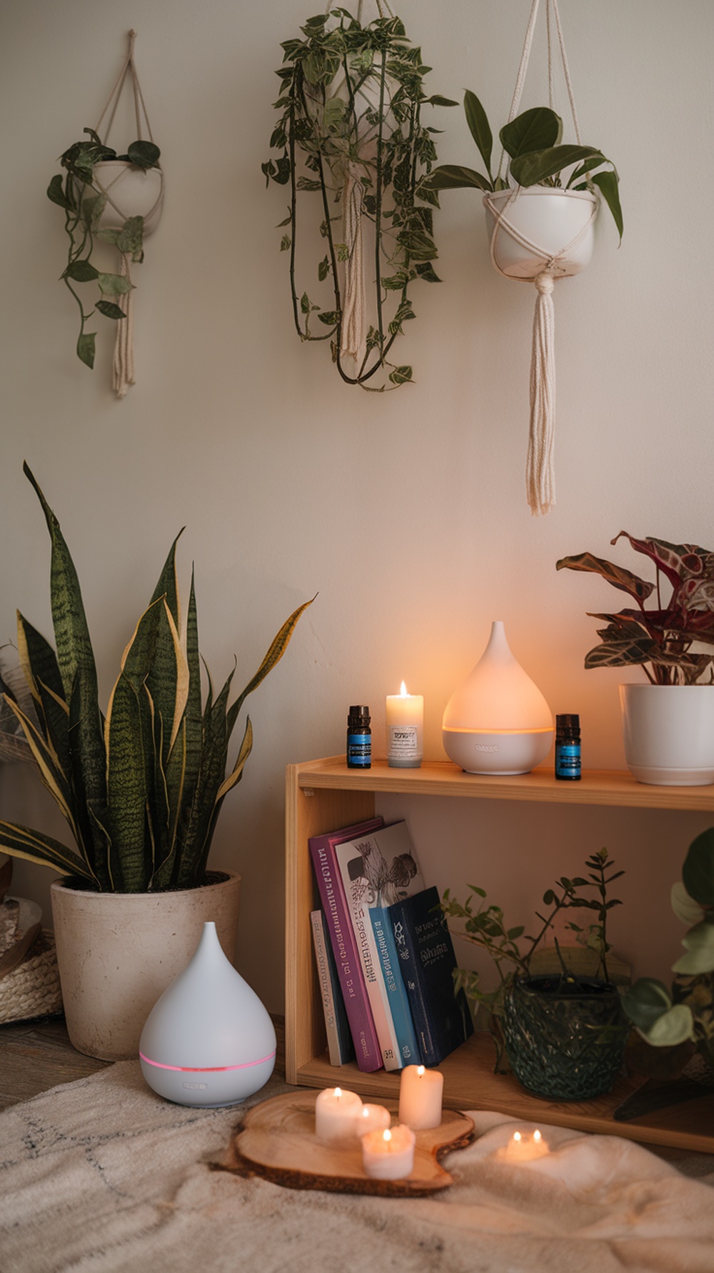 A cozy aromatherapy corner featuring a diffuser, candles, and hanging plants.