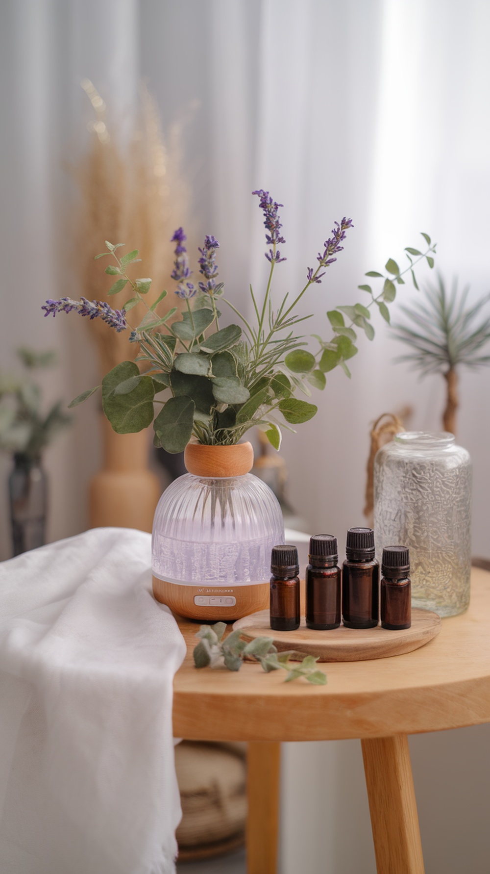 Aromatherapy setup with essential oils and a diffuser