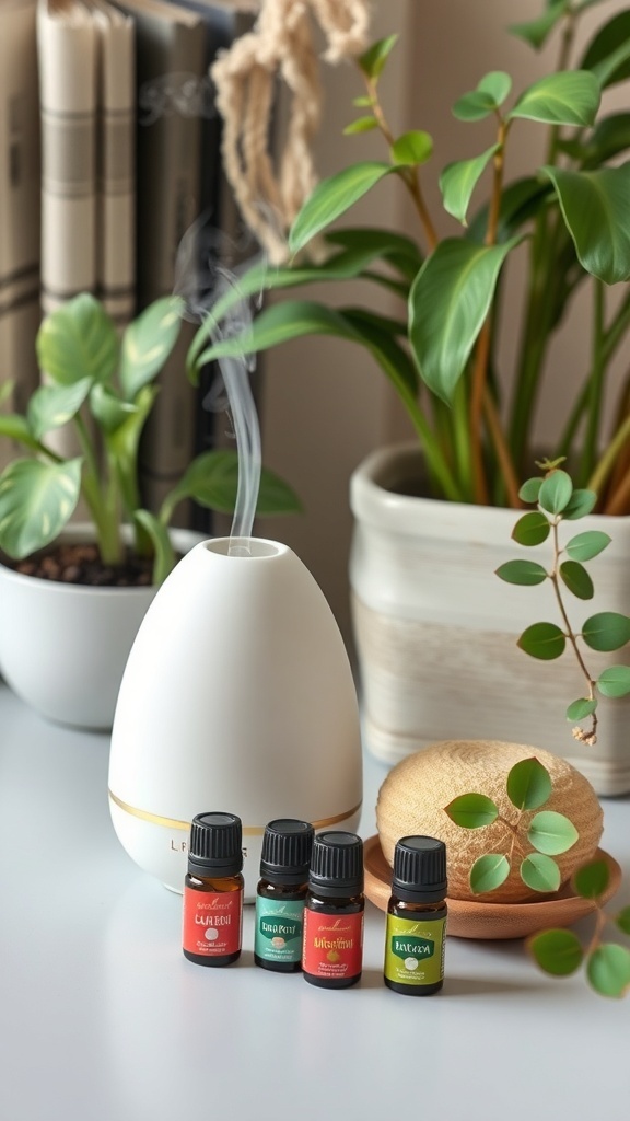 Aromatherapy diffuser with essential oils and plants