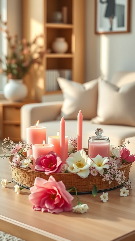 A collection of pink candles arranged with flowers on a wooden table.