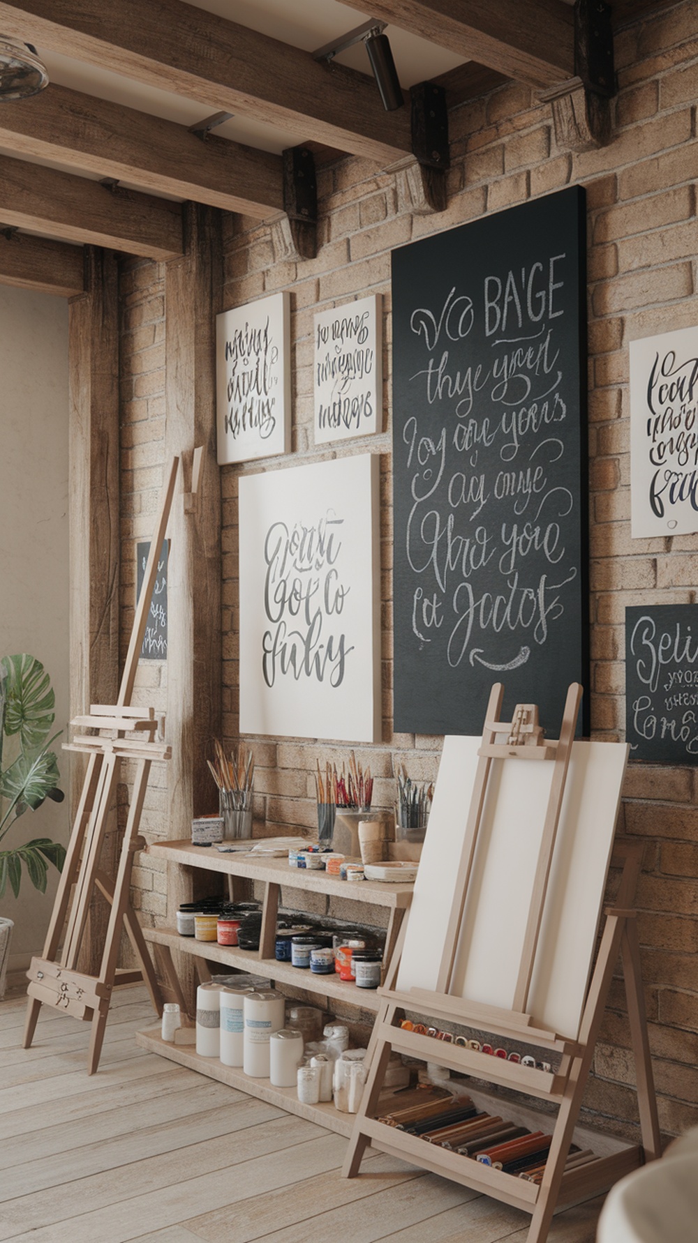 A cozy artistic space with wooden beams, brick walls, and inspiring calligraphy art.