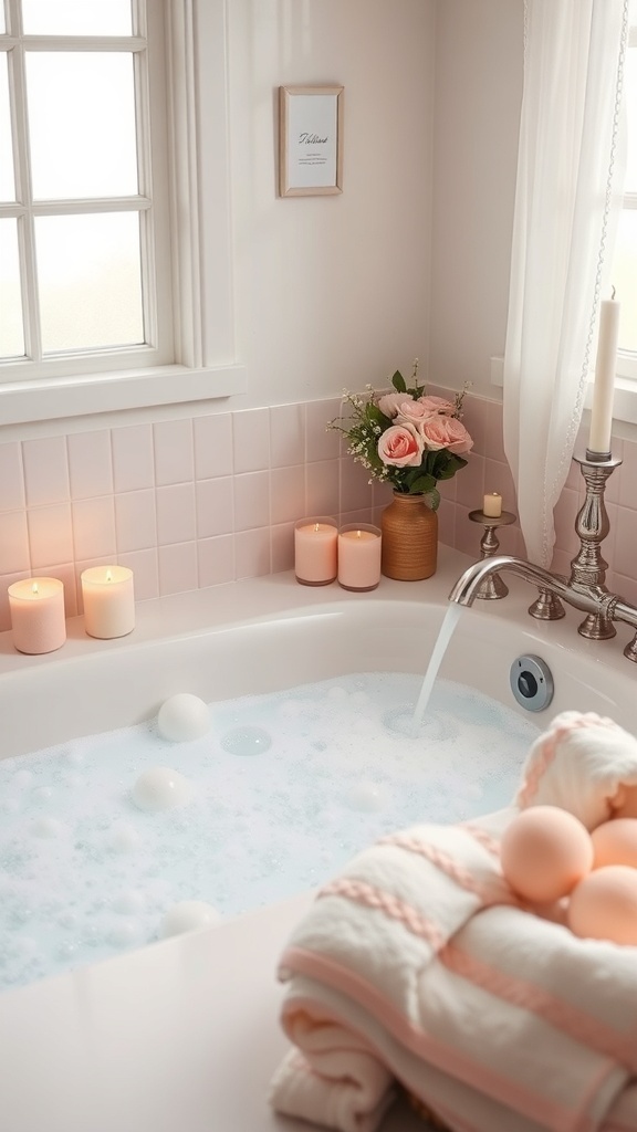 A serene bath setup featuring blush pink towels, bath bombs, and candles.