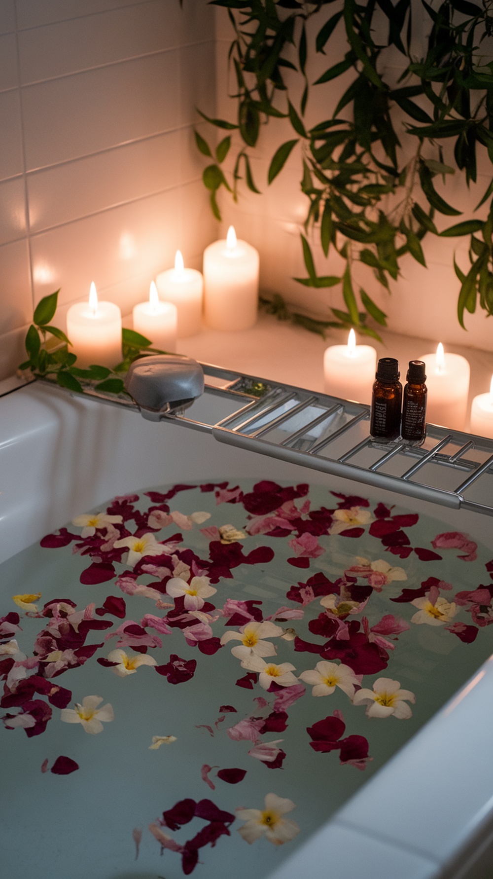 A relaxing bath with flower petals, candles, and essential oils