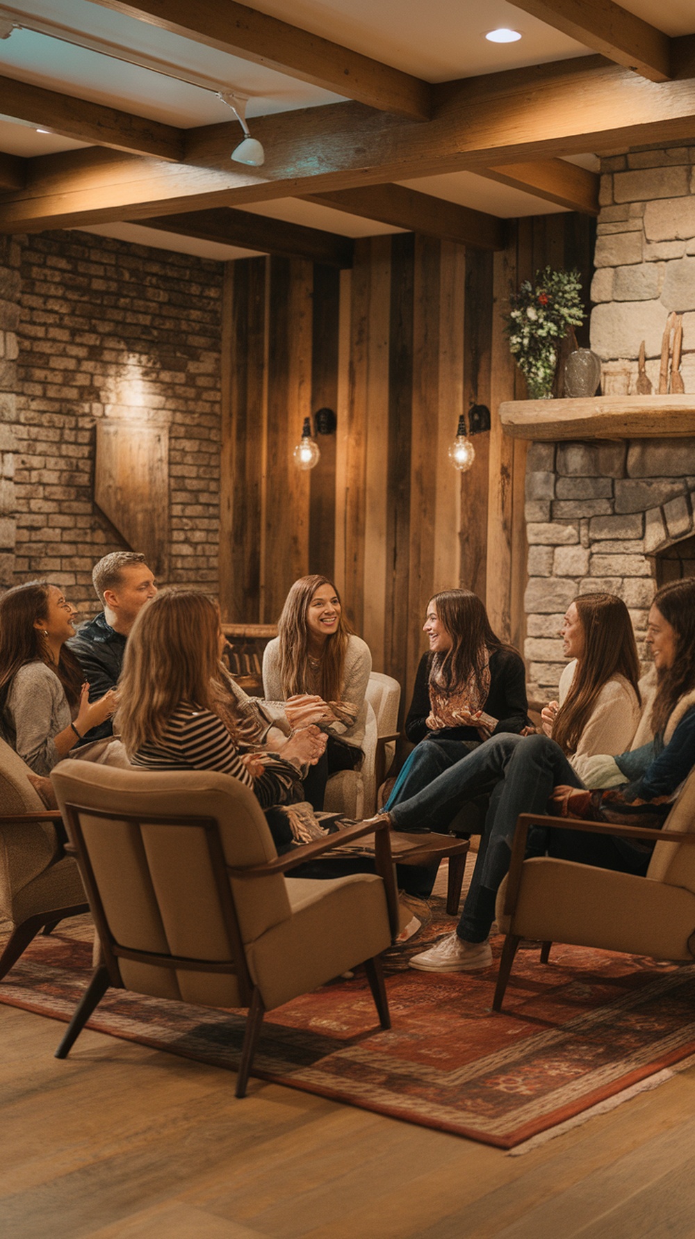 A group of people sitting in a cozy room, laughing and enjoying each other's company.