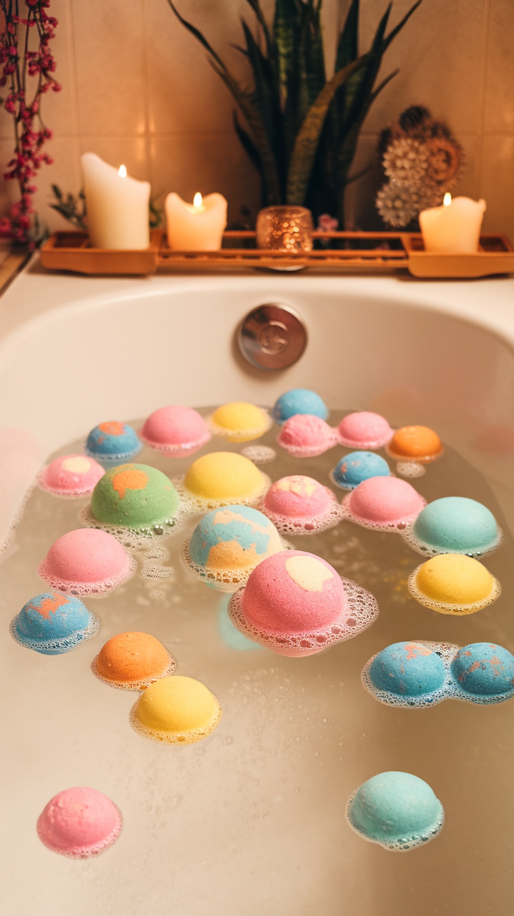 12 Essential Self-Care Products for Your Hygiene Routine Colorful bath bombs floating in a bubble bath with candles and plants in the background