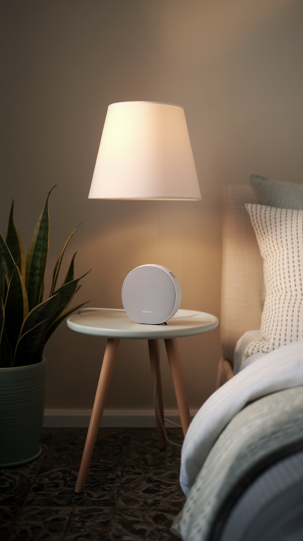 A calming sound machine on a nightstand next to a lamp and a plant.