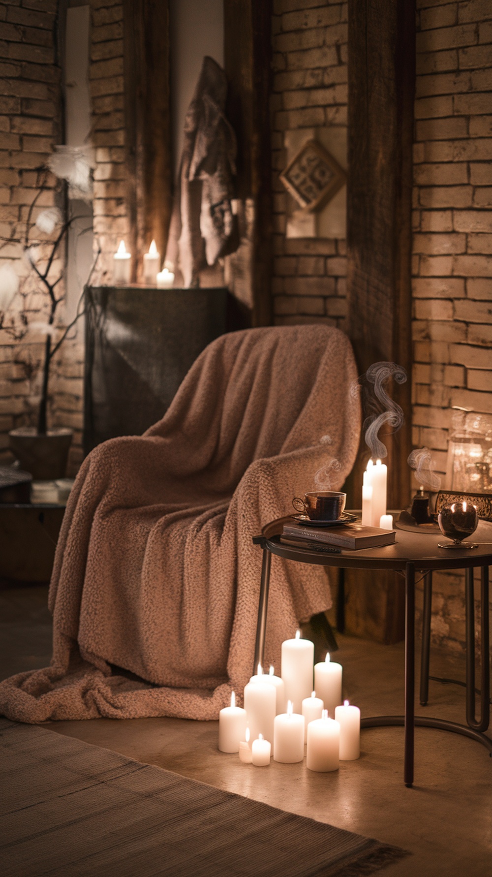 Cozy corner with candles, a blanket, and a cup of tea