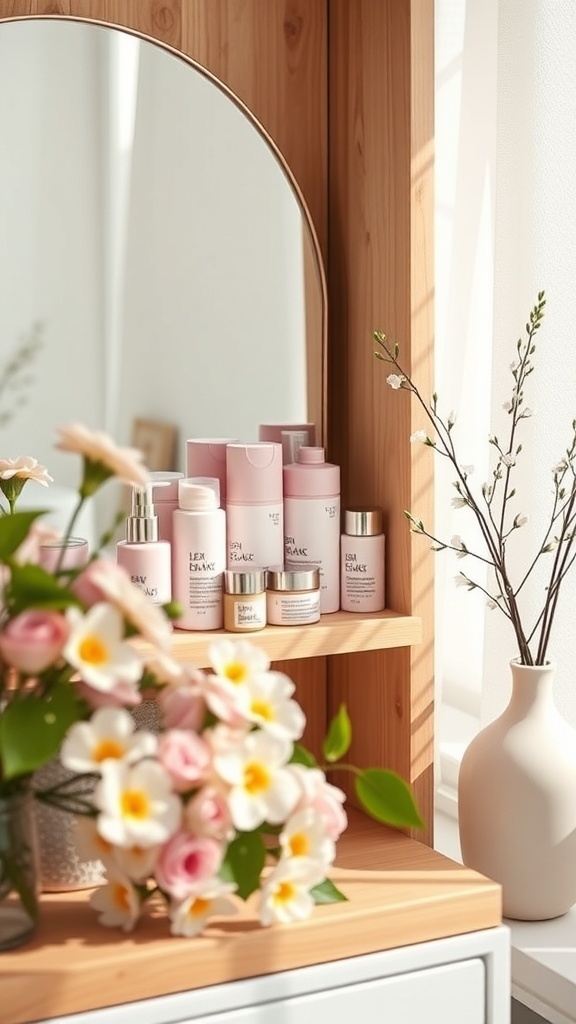 A chic pink skincare setup with products on a wooden shelf, surrounded by flowers and a mirror.