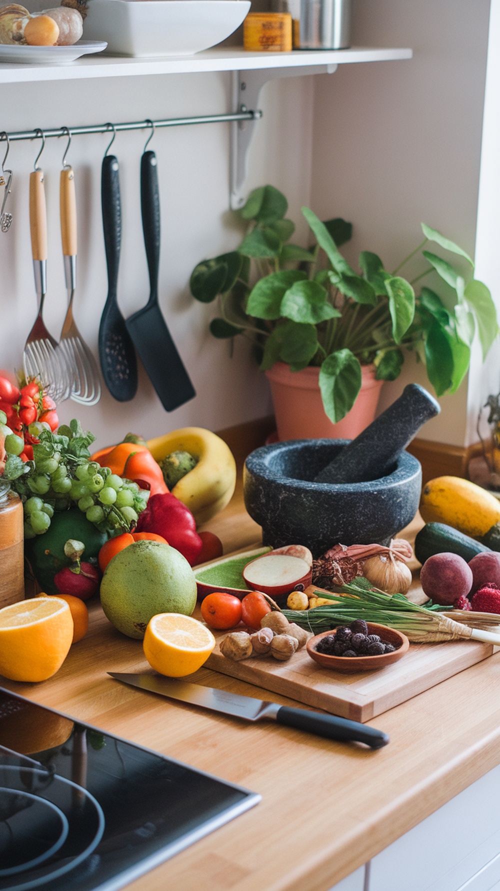 A vibrant kitchen countertop filled with fresh fruits, vegetables, and cooking tools.