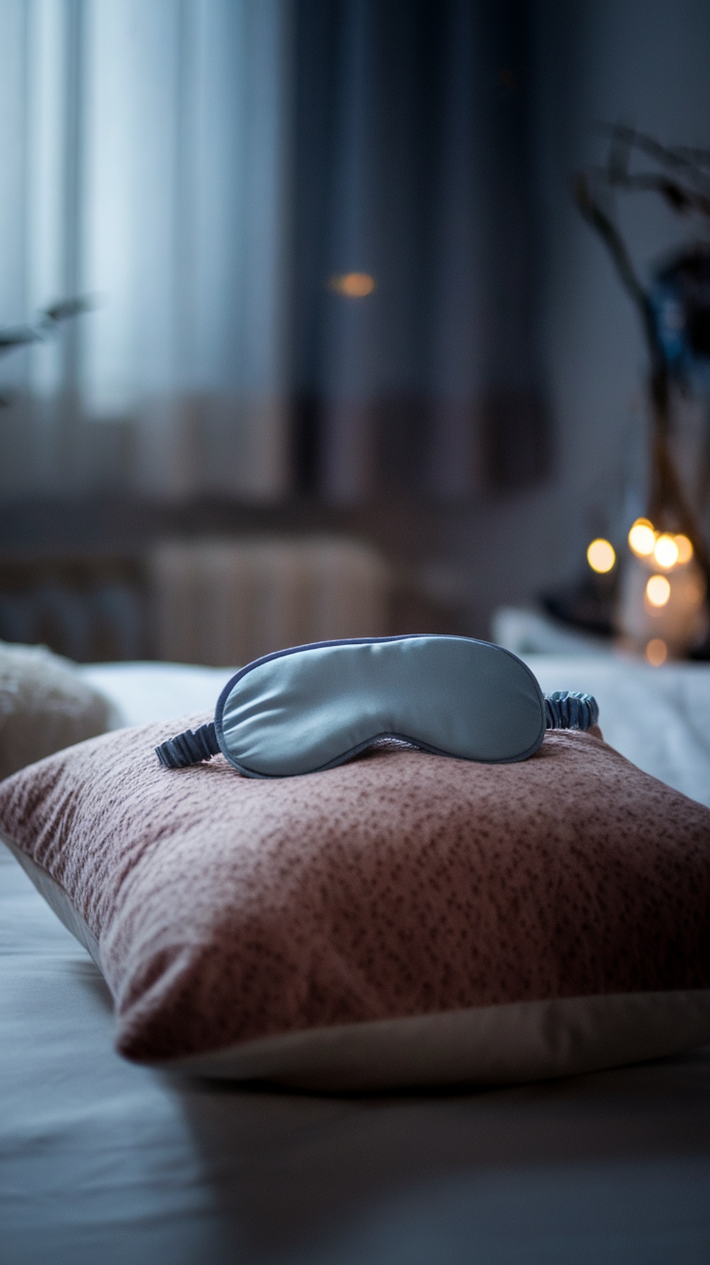 A soft sleep mask resting on a cozy pillow, creating a serene sleep environment.