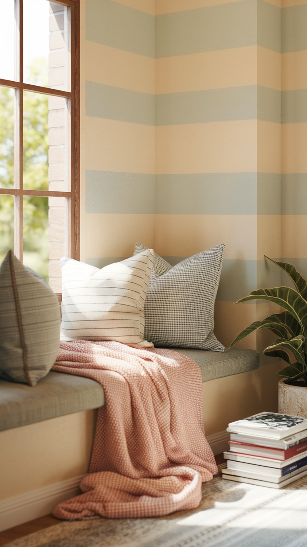 Cozy reading nook with striped walls, cushions, a blanket, and a stack of books