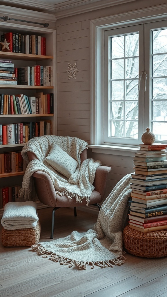 A cozy reading nook with a comfortable chair, soft blankets, and a bookshelf filled with books, set against a snowy window.