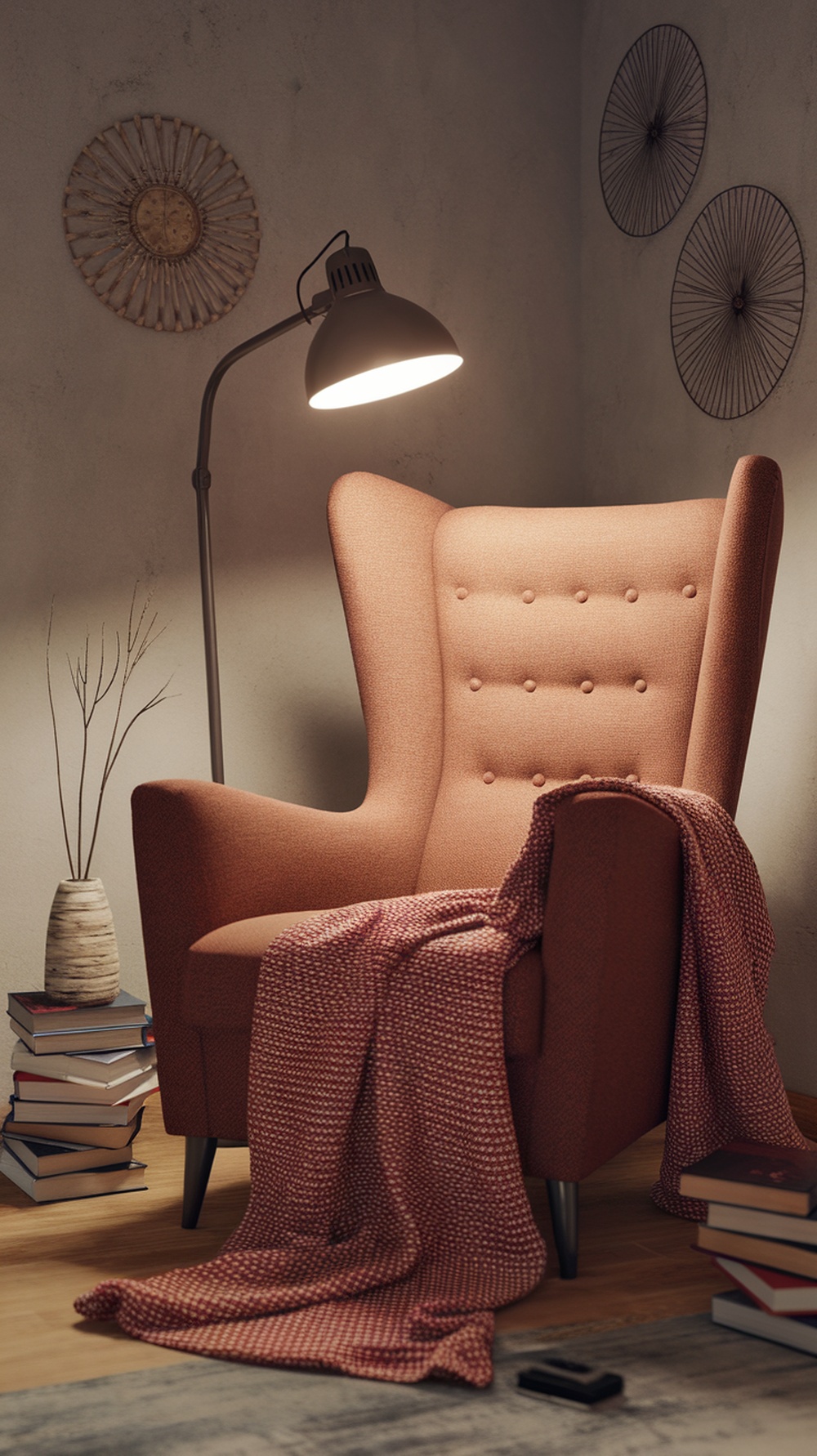 A cozy reading nook featuring a comfortable armchair, a lamp, and stacks of books.