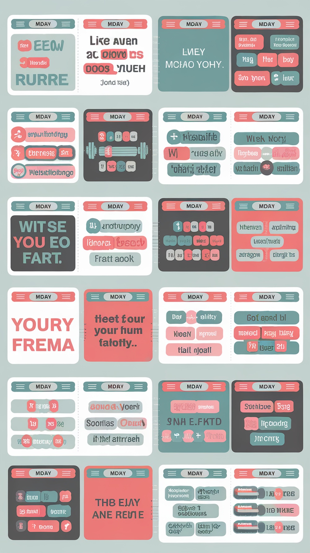 Colorful exercise planner with various activities and motivational phrases.