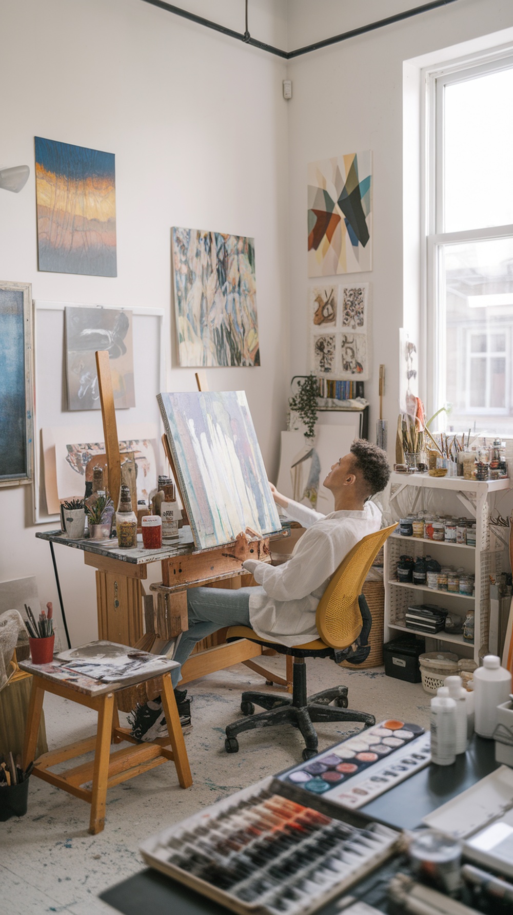 An artist working on a painting in a bright and inspiring art studio.