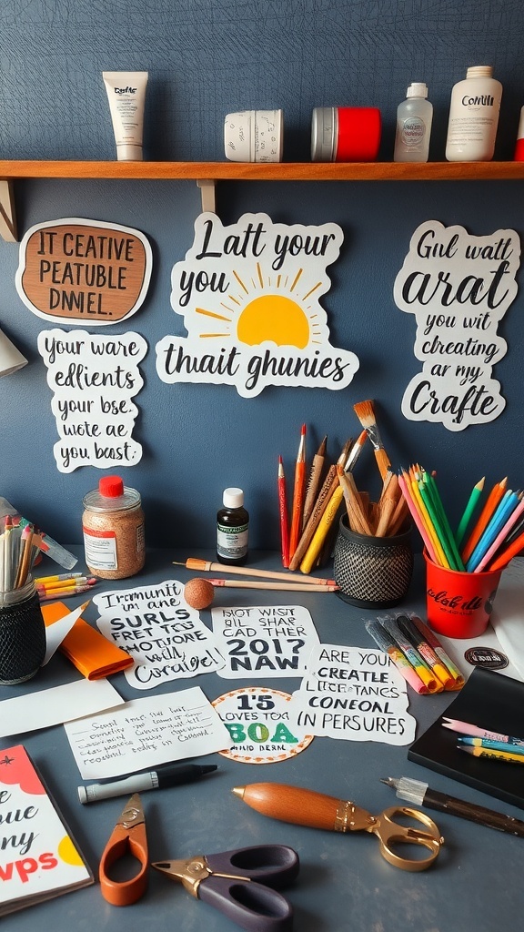 15 Must-Have Self Care Stickers for Daily Motivation A colorful display of self-care stickers and art supplies on a desk.