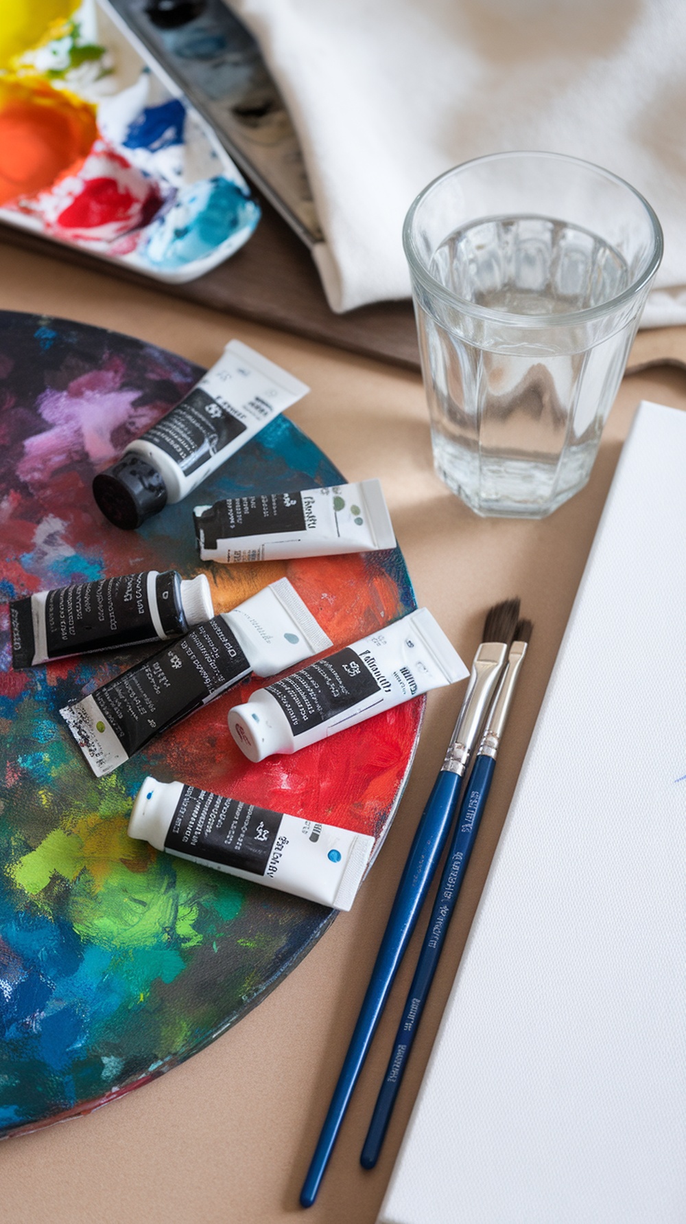 Art supplies including paint tubes, brushes, and a glass of water on a table.