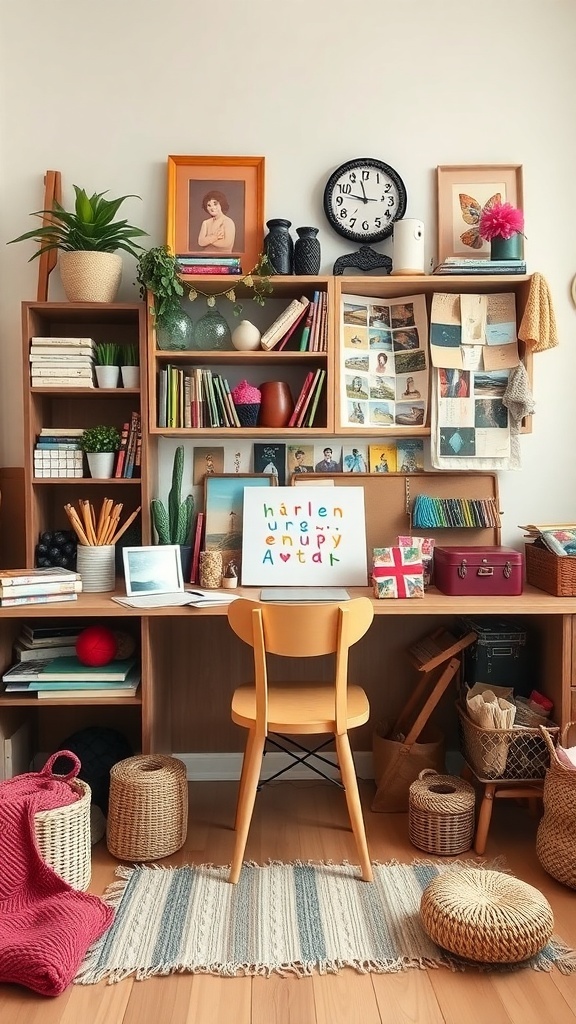 A cozy indoor setting with a person knitting by a fireplace, surrounded by yarn and warm decor.