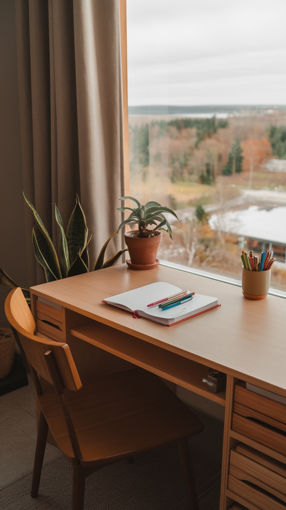 A cozy desk with a blank notebook and colorful pens, overlooking a scenic view.