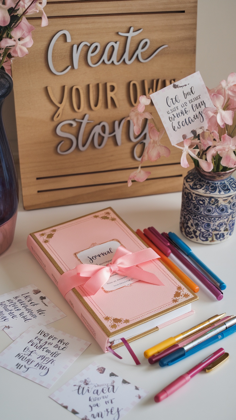 8 Ultimate Self Care Menu Ideas for a Relaxing Day A pink journal with colorful pens and inspirational quotes, showcasing a creative journaling setup.