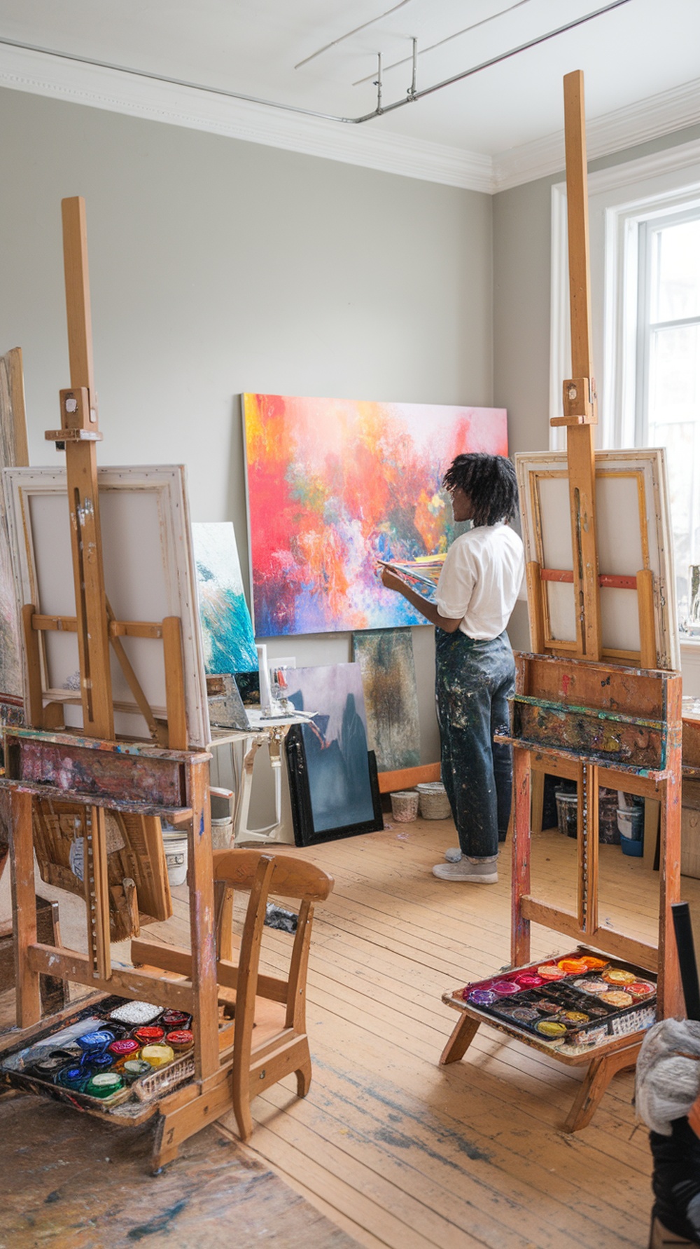 An artist painting in a bright, colorful studio filled with art supplies and canvases.