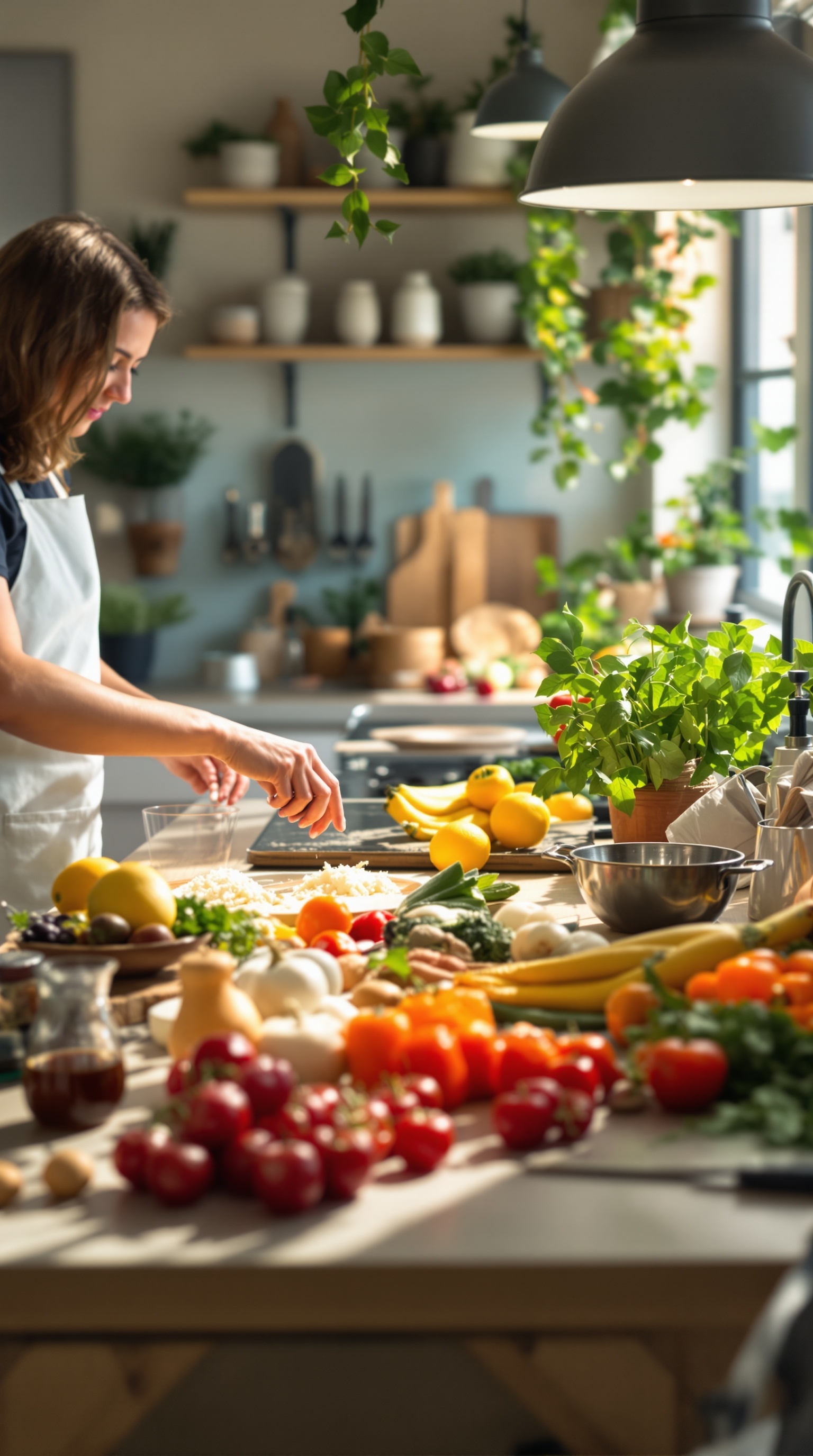 A woman preparing healthy ingredients in a bright kitchen