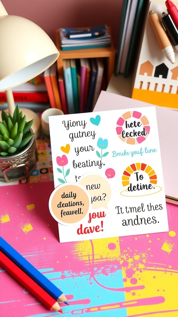 15 Must-Have Self Care Stickers for Daily Motivation Colorful daily affirmation stickers on a desk with stationery.