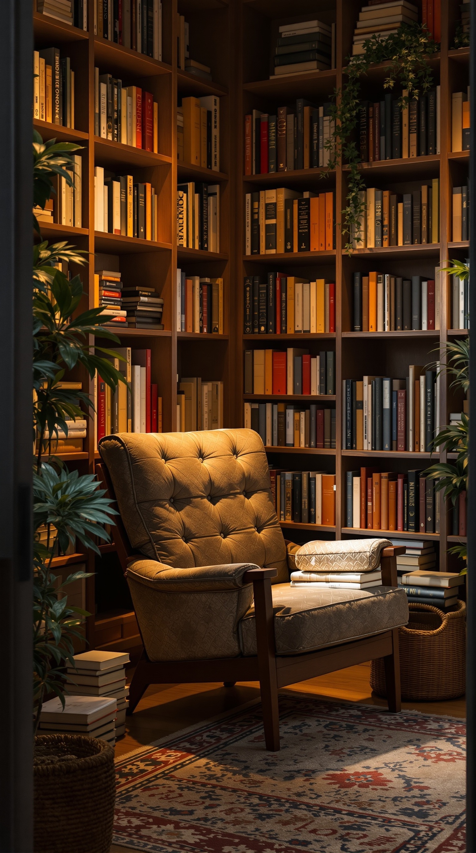 A cozy reading nook with a comfortable chair and shelves filled with books.