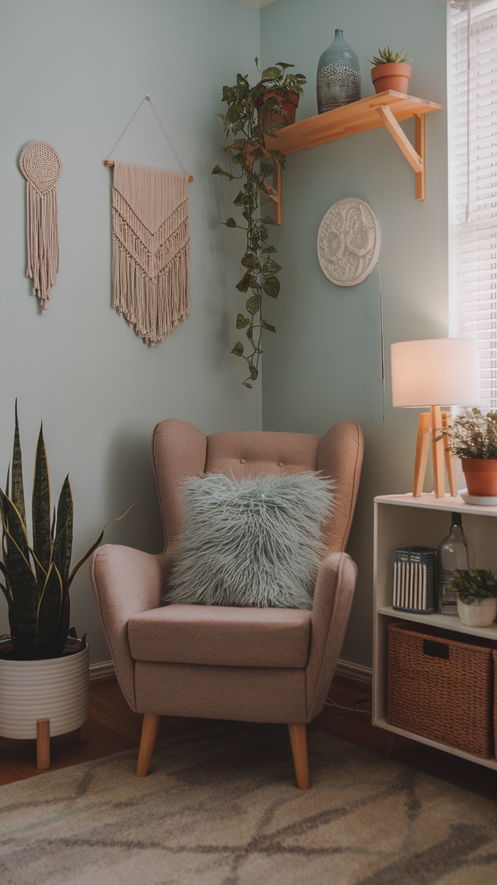 A cozy digital detox area featuring a comfortable chair, fluffy pillow, plants, and calming decor.