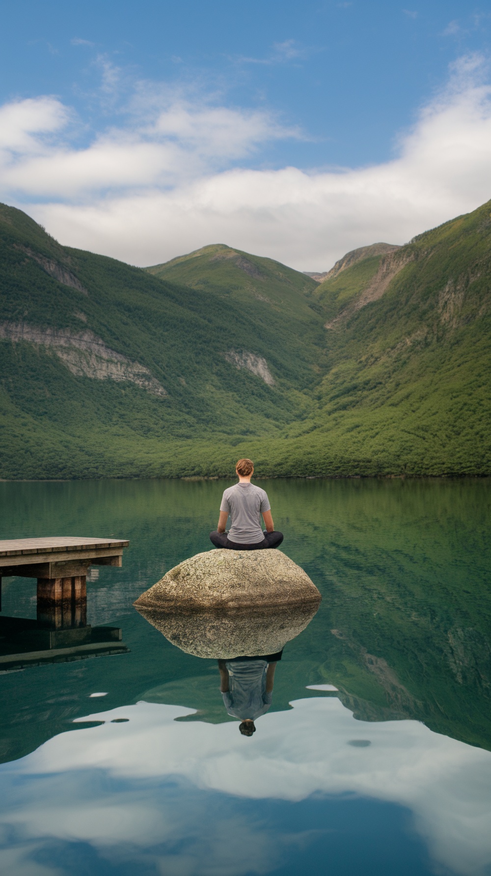 A person meditating on a rock by a calm lake surrounded by mountains