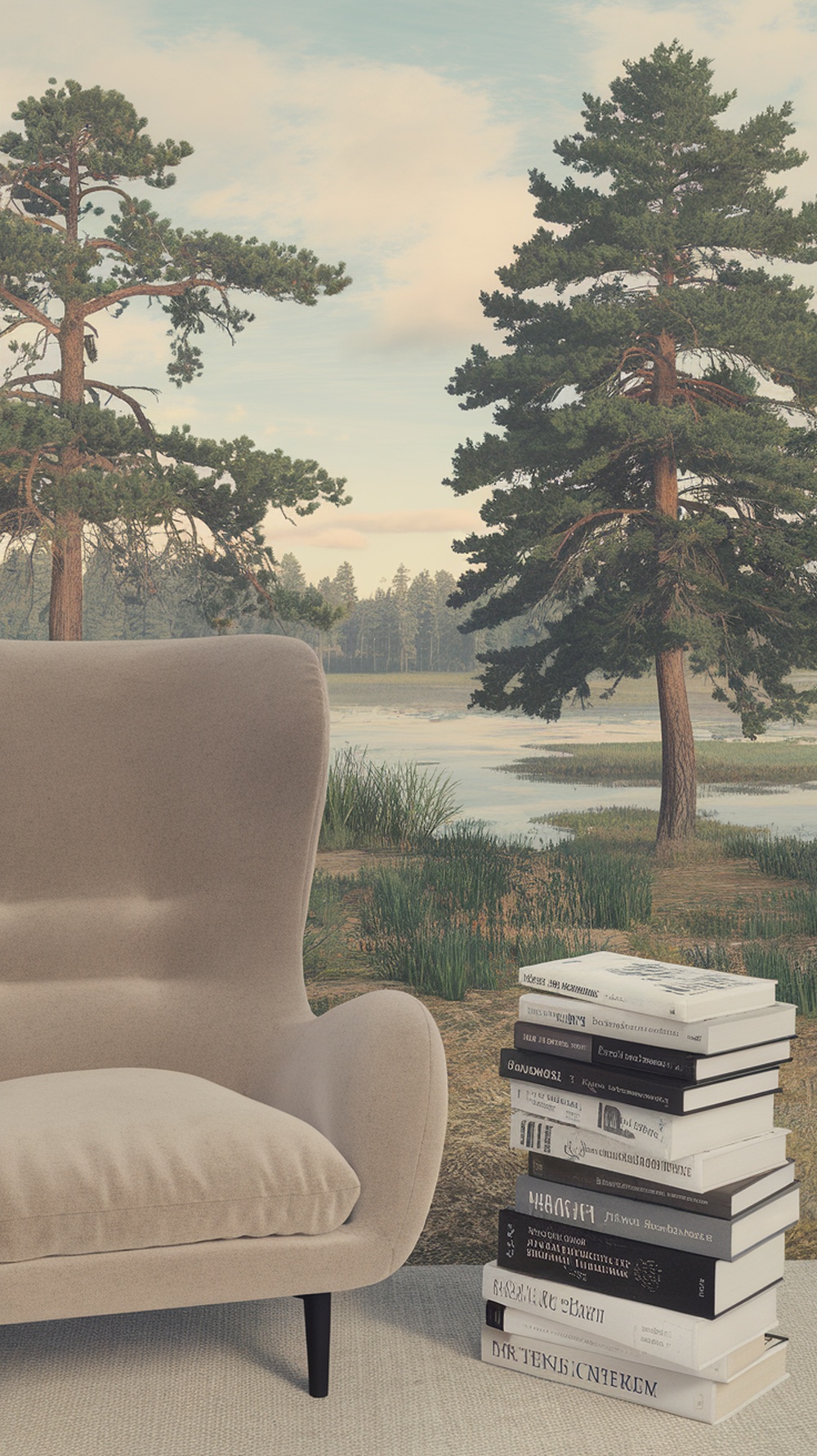 A cozy beige chair in front of a serene landscape with tall trees and a calm body of water, surrounded by a stack of books.