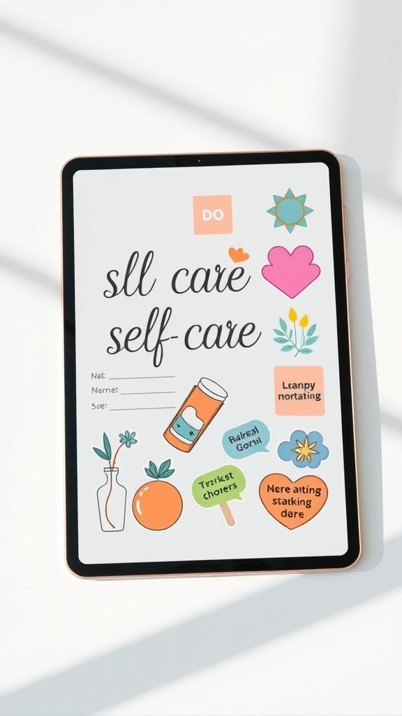 15 Must-Have Self Care Stickers for Daily Motivation Digital self-care stickers on a tablet screen